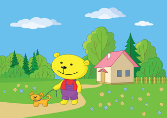 Obraz na płótnie Canvas Teddy bear walking with a dog