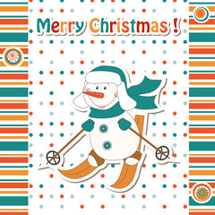 Christmas greeting card with cartoon  snowman skiing