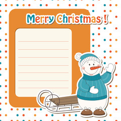 Christmas greeting card with cartoon  snowman and sled