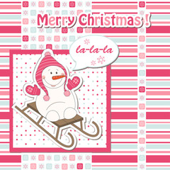 Christmas greeting card with cartoon snowman sledding