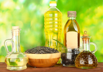 Olive and sunflower oil in the bottles and small decanters