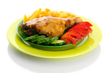 Roast chicken with french fries and cucumbers