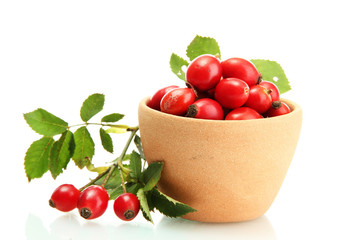 ripe hip roses with leaves in cup, isolated on white