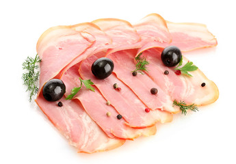 tasty bacon with olives and spices, isolated on white