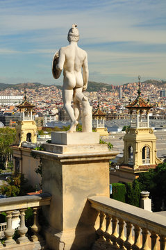 Barcelona view with the warrior statue at the foreground