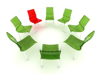 roter Stuhl mit gr&uuml;nen St&uuml;hlen