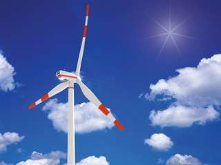 Windrad 3D vor blauem Himmel