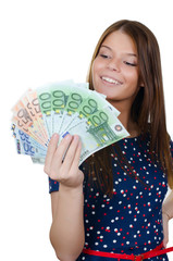 The beautiful girl with euro banknotes