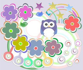 holiday card with cute owl and flowers