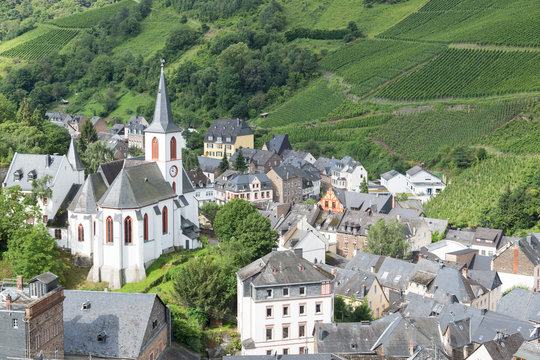 Aerial view from German city Trarbach between vineyards