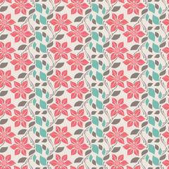 Seamless pattern with pink flowers and blue and brown leafs