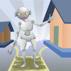 futuristic robot standing in front of two litle house