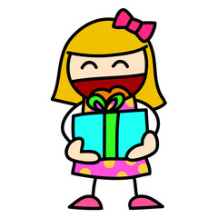 Child and gift hand writing cartoon.