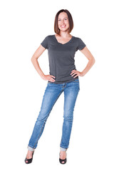 Fototapeta premium smiley girl in grey t-shirt and blue jeans