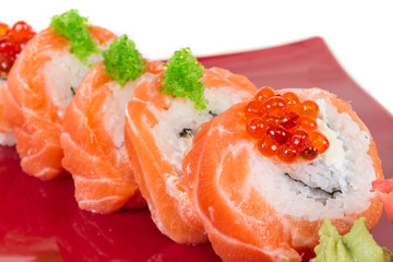 Japanese sushi traditional japanese food.Roll made of salmon, re