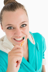 Smiling woman with bathrobe