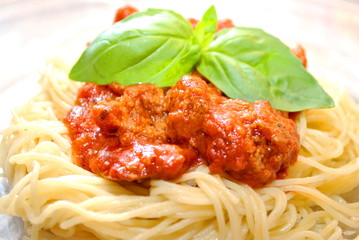 Basil Over Spaghetti and Meatballs