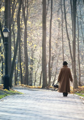The woman walking in city park in sunny autumn day © Irina Smirnova