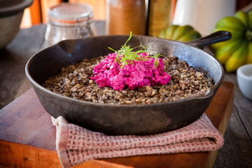 Lentils and rice dish with beet salad