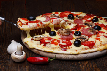 hot pizza with melting chesse on lifter