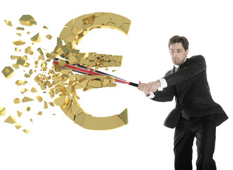 British businessman breaks the euro with a baseball bat