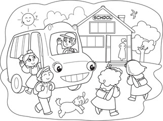 Cartoon pupils going to school with school-bus