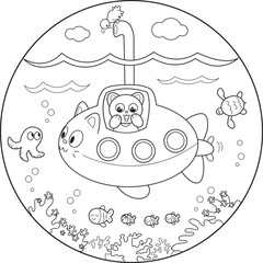 Cat in submarine looking at the sea life under water