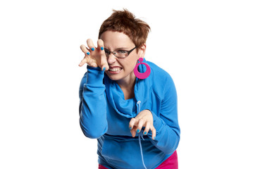 Young woman makes funny face (isolated on white)