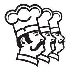 monochrome illustration of three mustachioed chefs