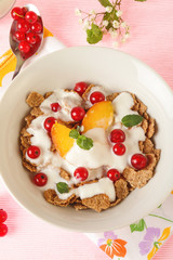 Yogurt, muesli and fruits