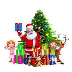 santa with gift box standing before tree