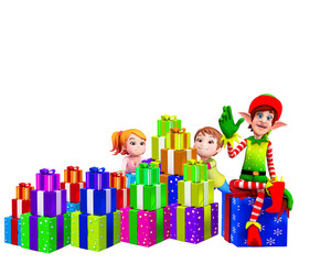 elves sitting on the gift box with kids