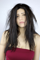 Bad hair day for beautiful woman with long hair