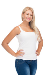 Obraz premium smiling teenage girl in blank white t-shirt
