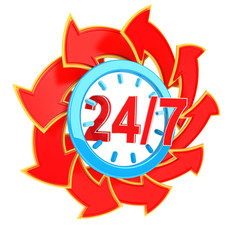 twenty four hour seven days a week service sign with red arrows