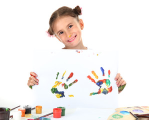 cute little girl with color hand prints, isolated on white