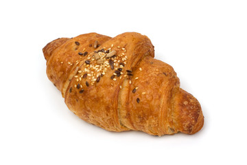 Fresh and tasty croissant on white background