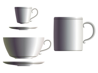 Set of white tea cup, coffee cup with saucer and tea mug. Eps10 - 45676747
