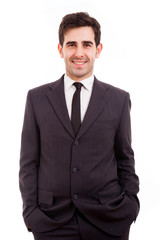 Portrait of handsome young business man smiling over white backg