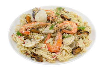 rice with seafood on white background