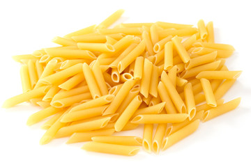 dry penne on white background