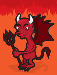 Devil character with pitchfork standing in fire background