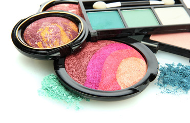 bright eye shadows and rouge with brushes, isolated on white