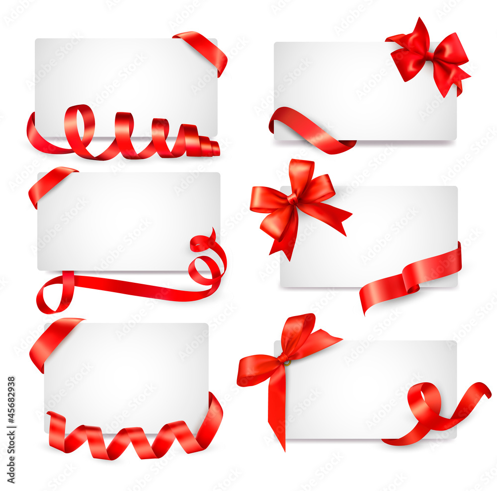 Poster set of card notes with red gift bows with ribbons