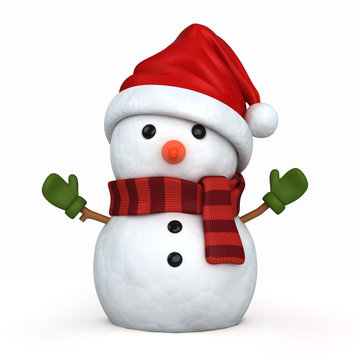 3d render of a snowman wearing santa hat and gloves