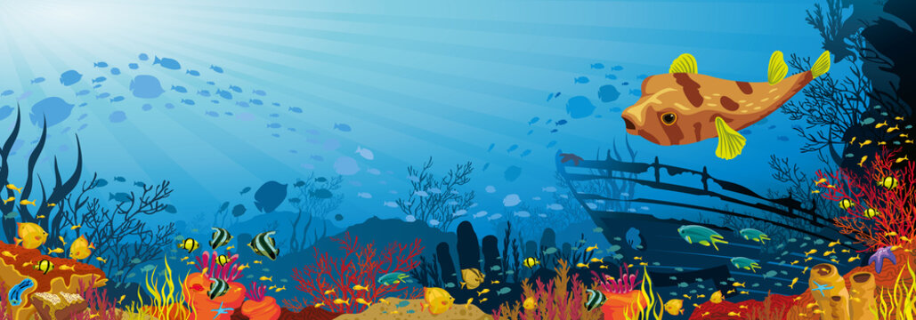 Coral reef with fish, puffer and silhouette of sunken ship