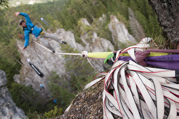Extreme athlete at the slackline