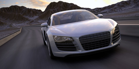 Fototapeta premium samochód sportowy szybko uruchomić pod pustynnym słońca renderowania 3d