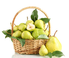 Juicy flavorful pears in basket isolated on white