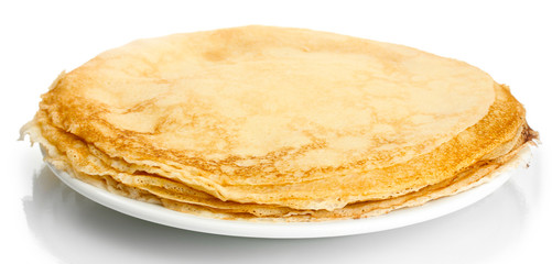 Delicious pancakes on plate isolated on white